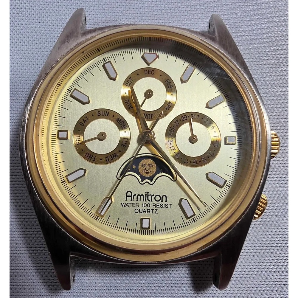 Vintage Moon-Phase Armitron Gold Ladies Watch Small Leather *RUNS New Battery